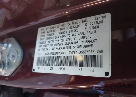 2010 Honda Accord 2.4 Lx from USA, damaged, VIN 1HGCP2F35AA073643